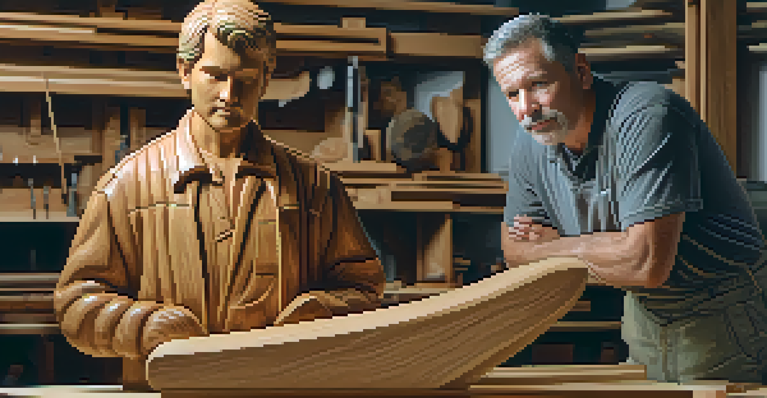 A woodworker beside a beautifully finished wooden sculpture, showcasing detailed craftsmanship in soft ambient lighting.