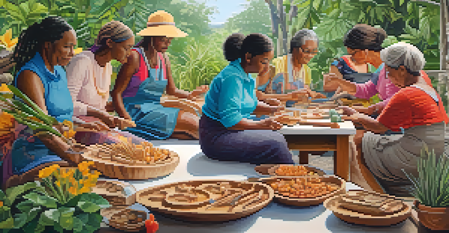 A lively group of women wood carvers sharing their creations and techniques in a bright, inviting space.