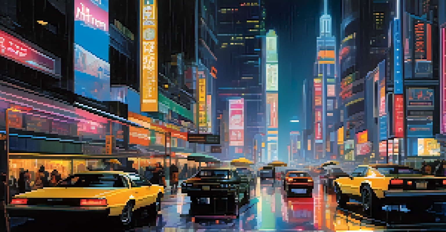 A neon-lit futuristic cityscape at night with bustling streets and reflective pavement.
