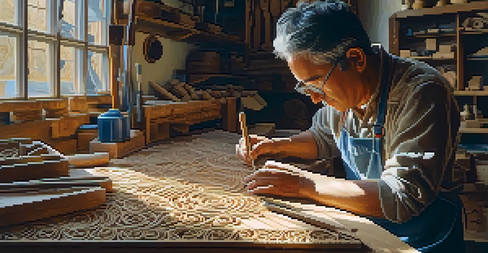 An artisan carving detailed patterns into wood in a sunlit workshop, with tools and wood shavings around them.