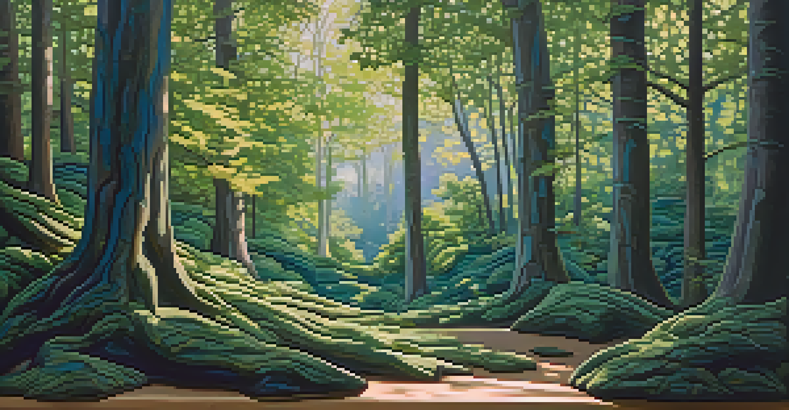 A carved wooden sculpture of a forest landscape with greens and blues, featuring dappled light and intricate textures.