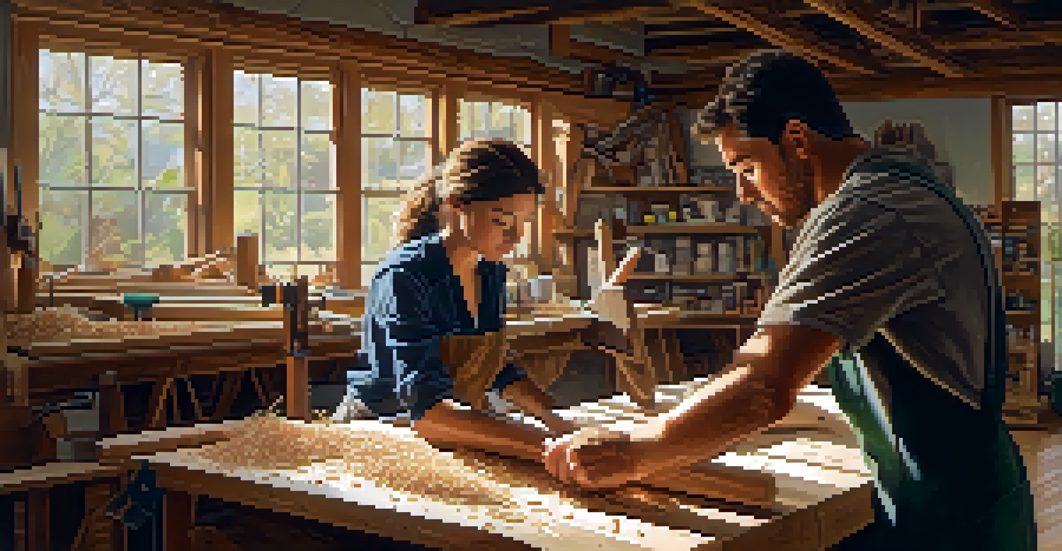 A male and female carver working together in a workshop, with tools and wood shavings around them.