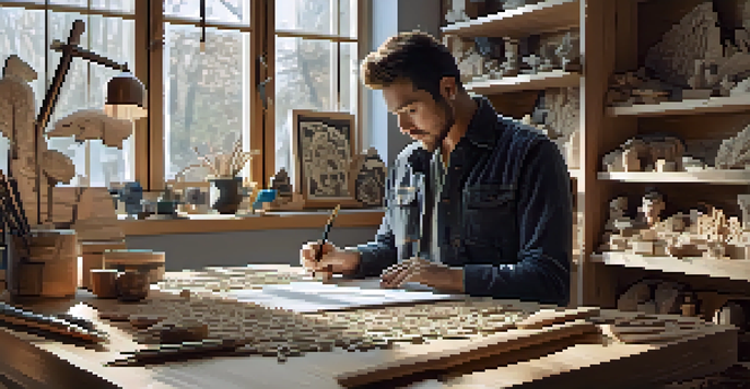 An artist engaged in digital design with a tablet, surrounded by sketches and 3D models in a well-lit workspace.