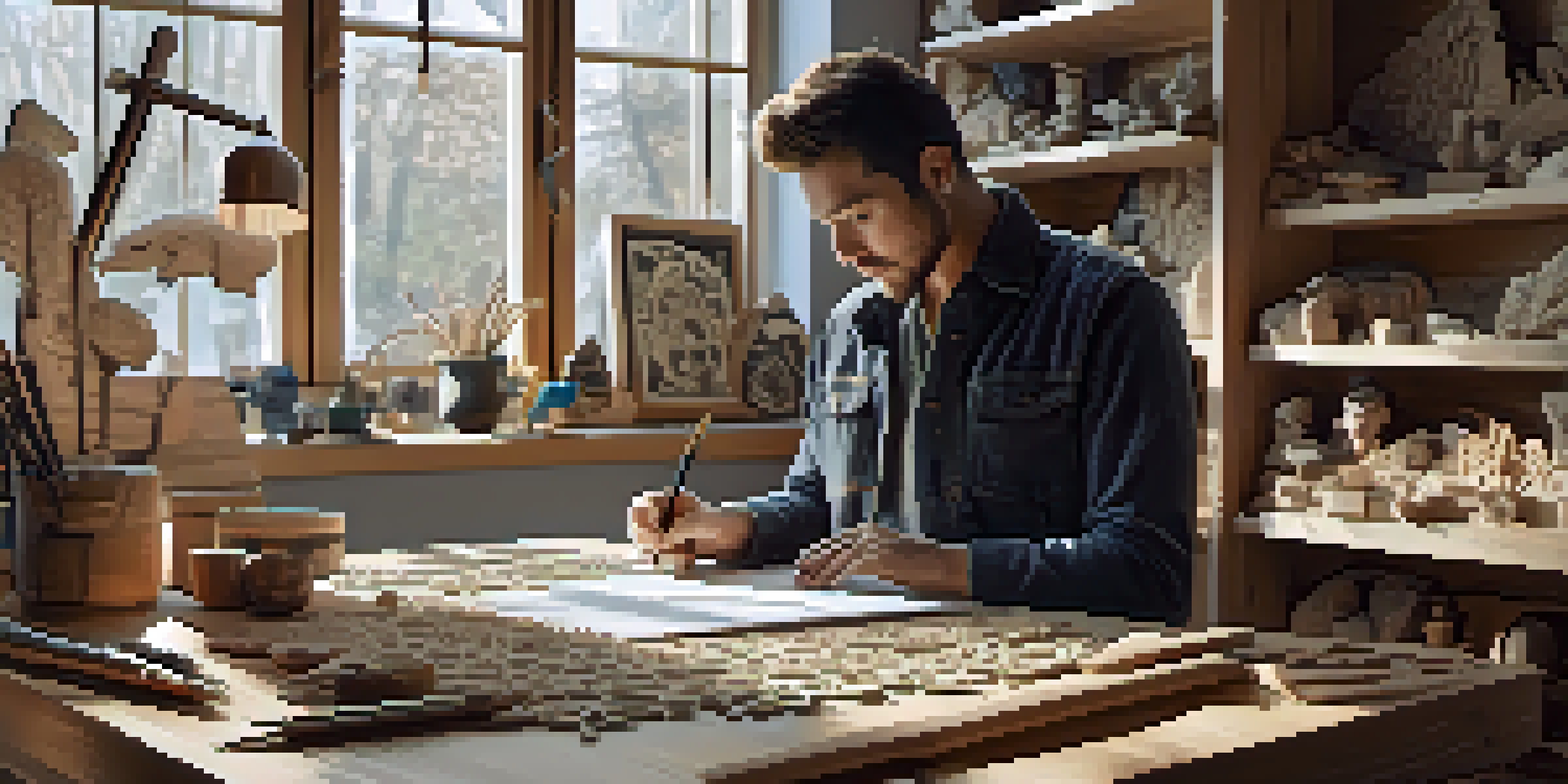 An artist engaged in digital design with a tablet, surrounded by sketches and 3D models in a well-lit workspace.