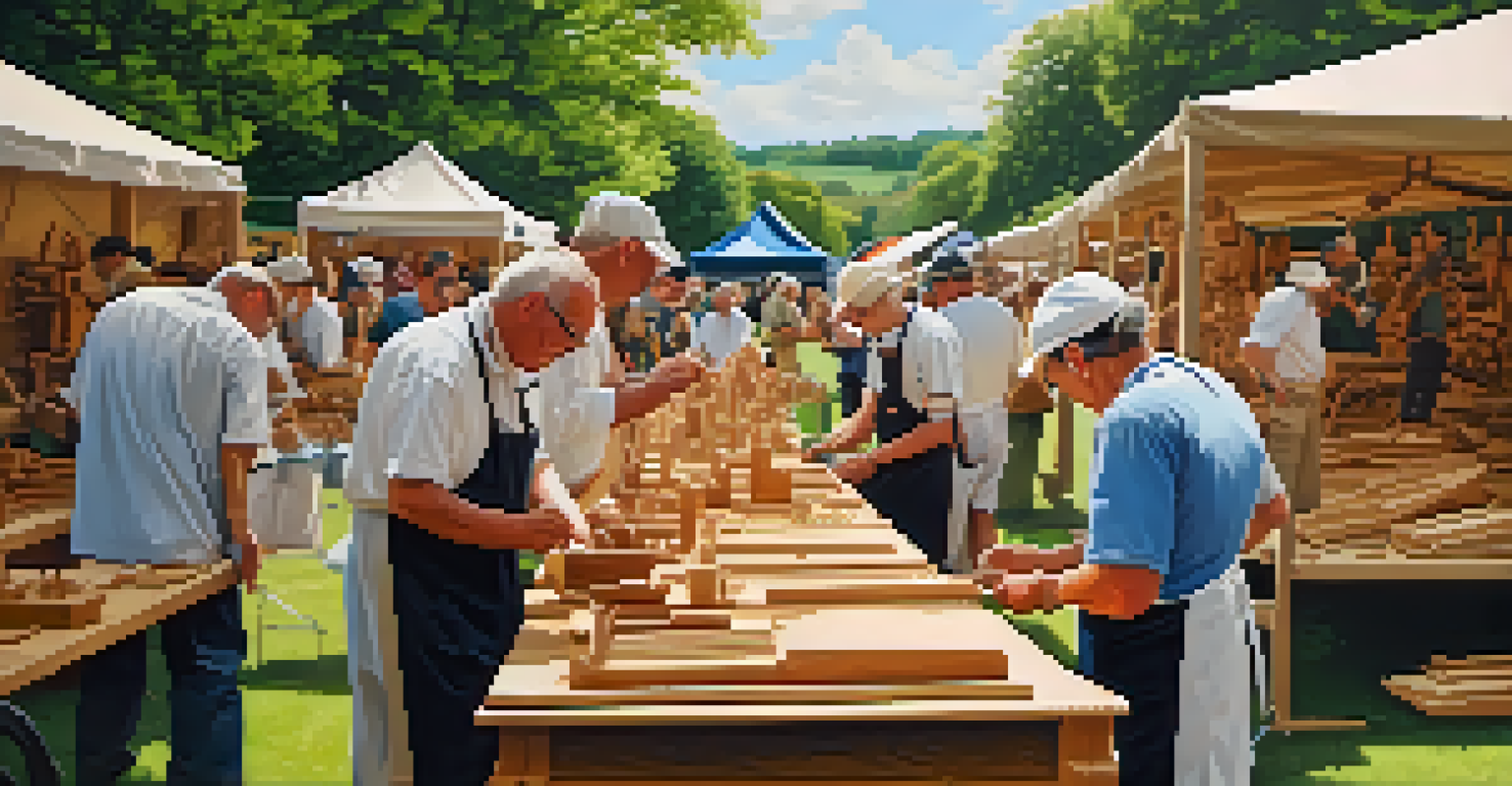 Artists demonstrating woodcarving skills in a picturesque countryside setting.
