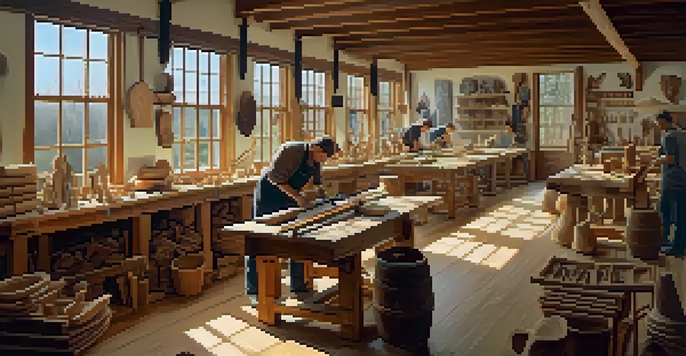 An indoor carving workshop with natural light, featuring a person carving wood surrounded by tools and projects.