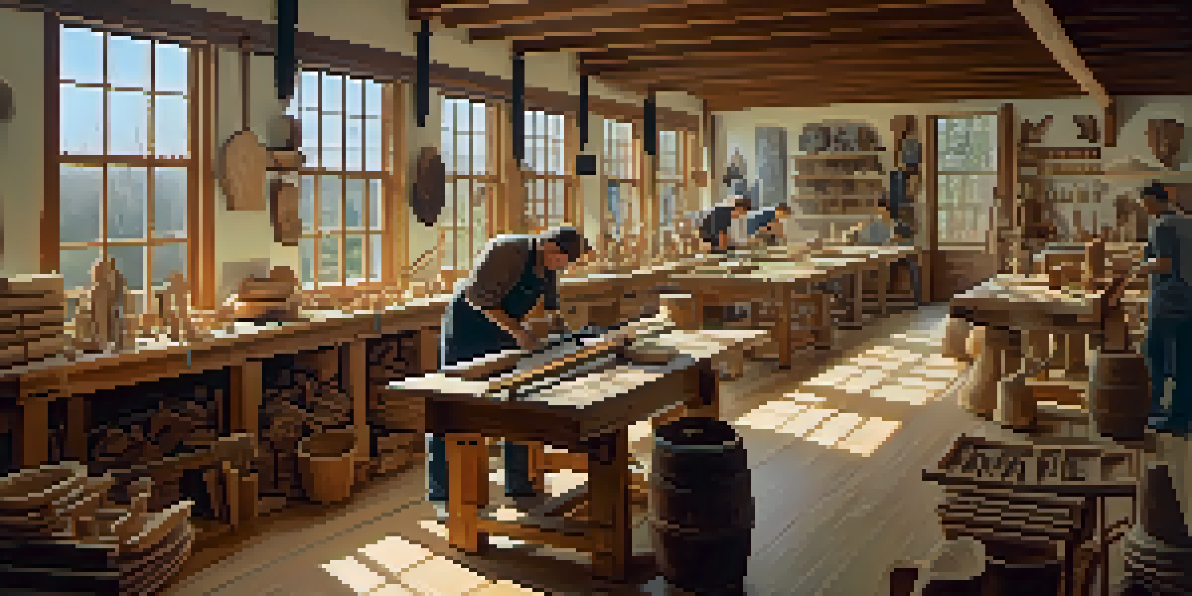 An indoor carving workshop with natural light, featuring a person carving wood surrounded by tools and projects.