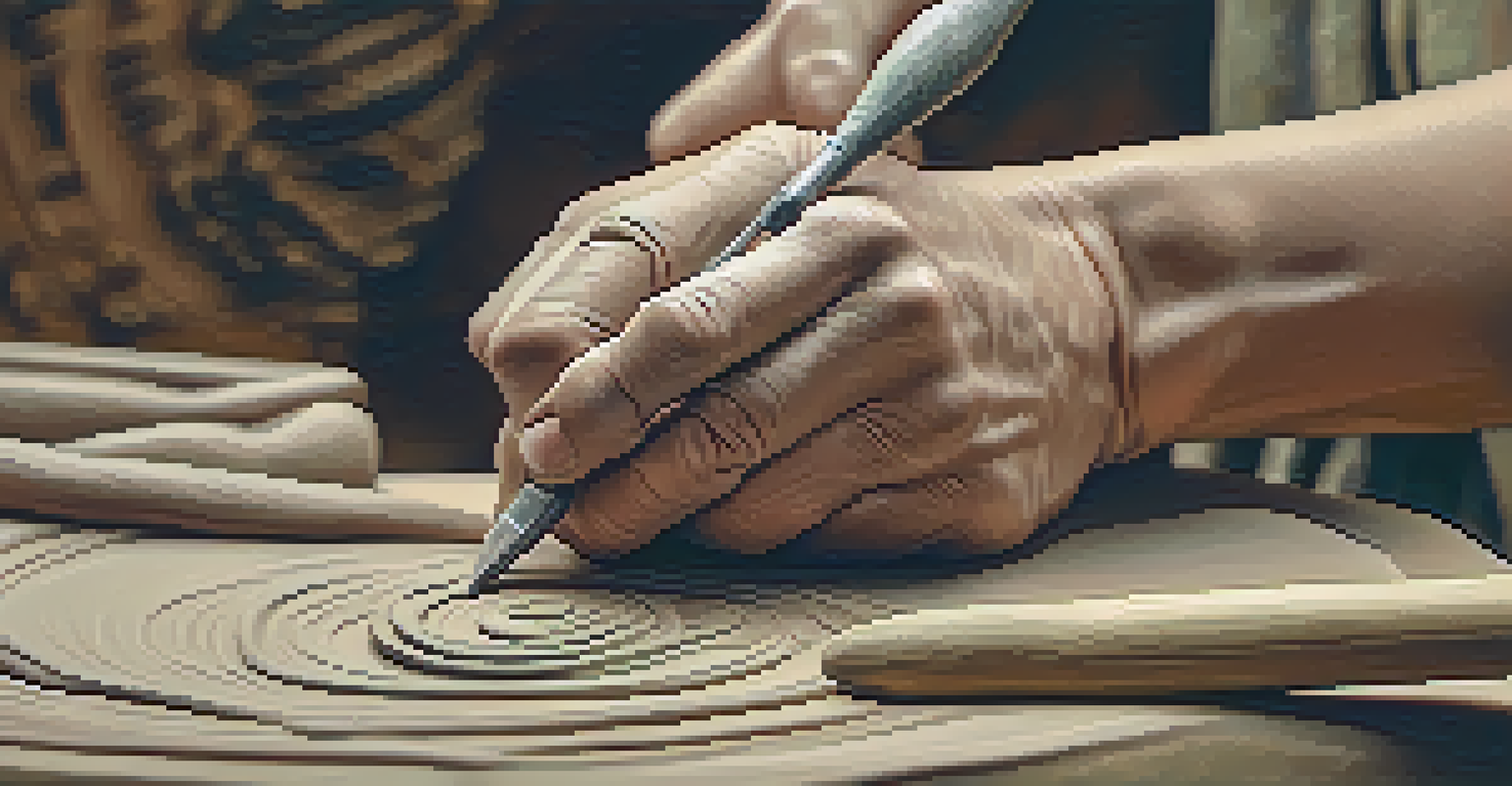 Close-up of hands carving clay, showing tools and textured clay in a softly blurred background.