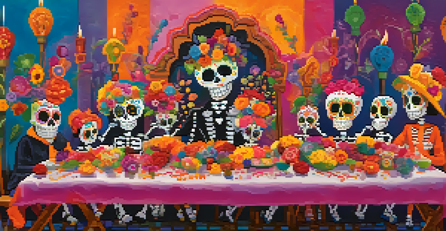 Families creating colorful sugar skulls together during the Day of the Dead celebration, surrounded by flowers and candles.
