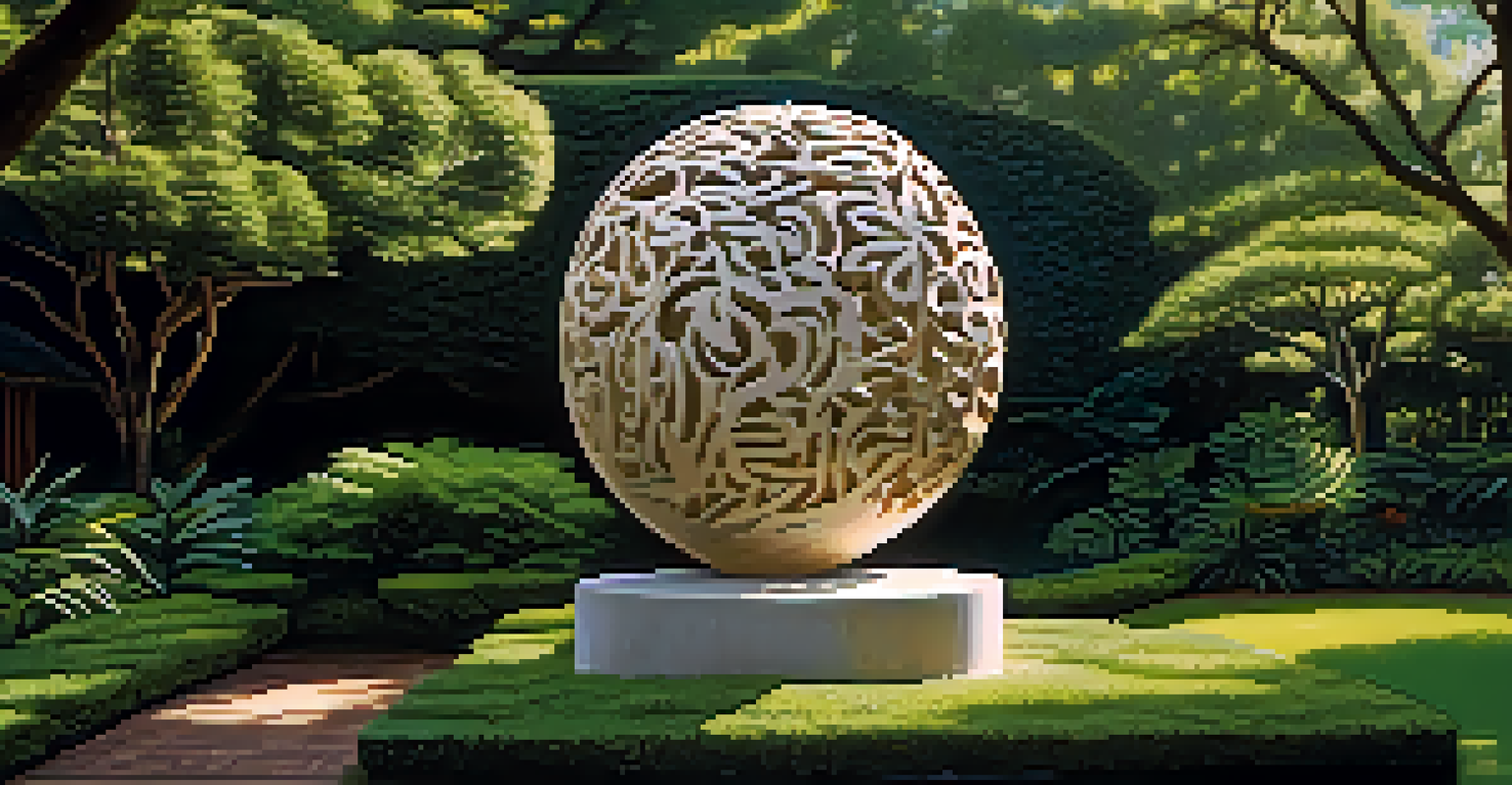 A hybrid sculpture combining Japanese and Brazilian carving styles, set in a serene nature scene with greenery and sunlight.
