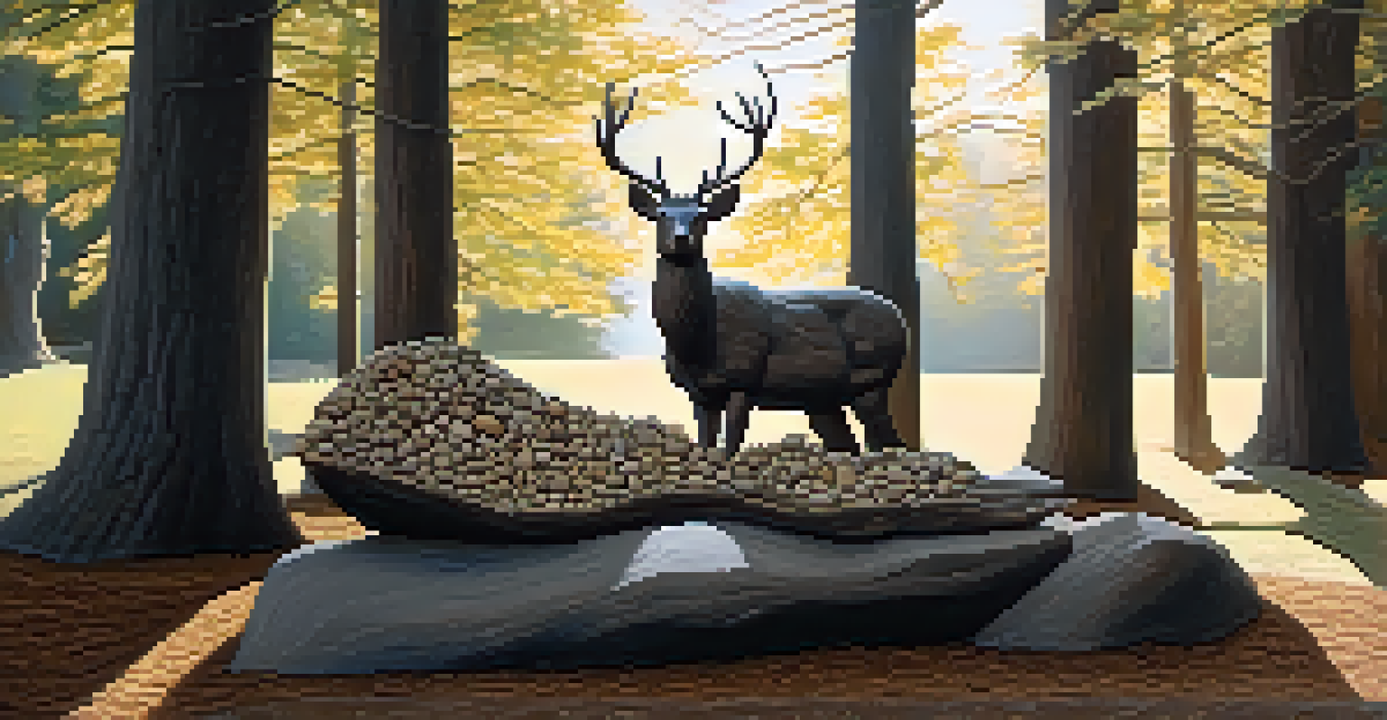 An outdoor animal sculpture resembling a deer, made from twigs and stones, surrounded by nature.