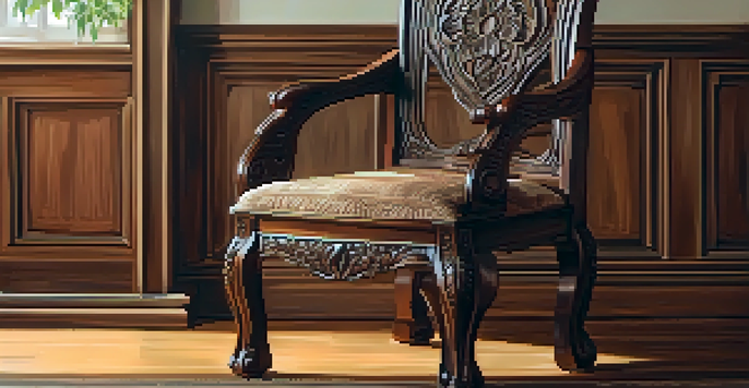 A wooden chair made from walnut with intricate carvings, positioned in a sunlit room with soft shadows and warm decor.