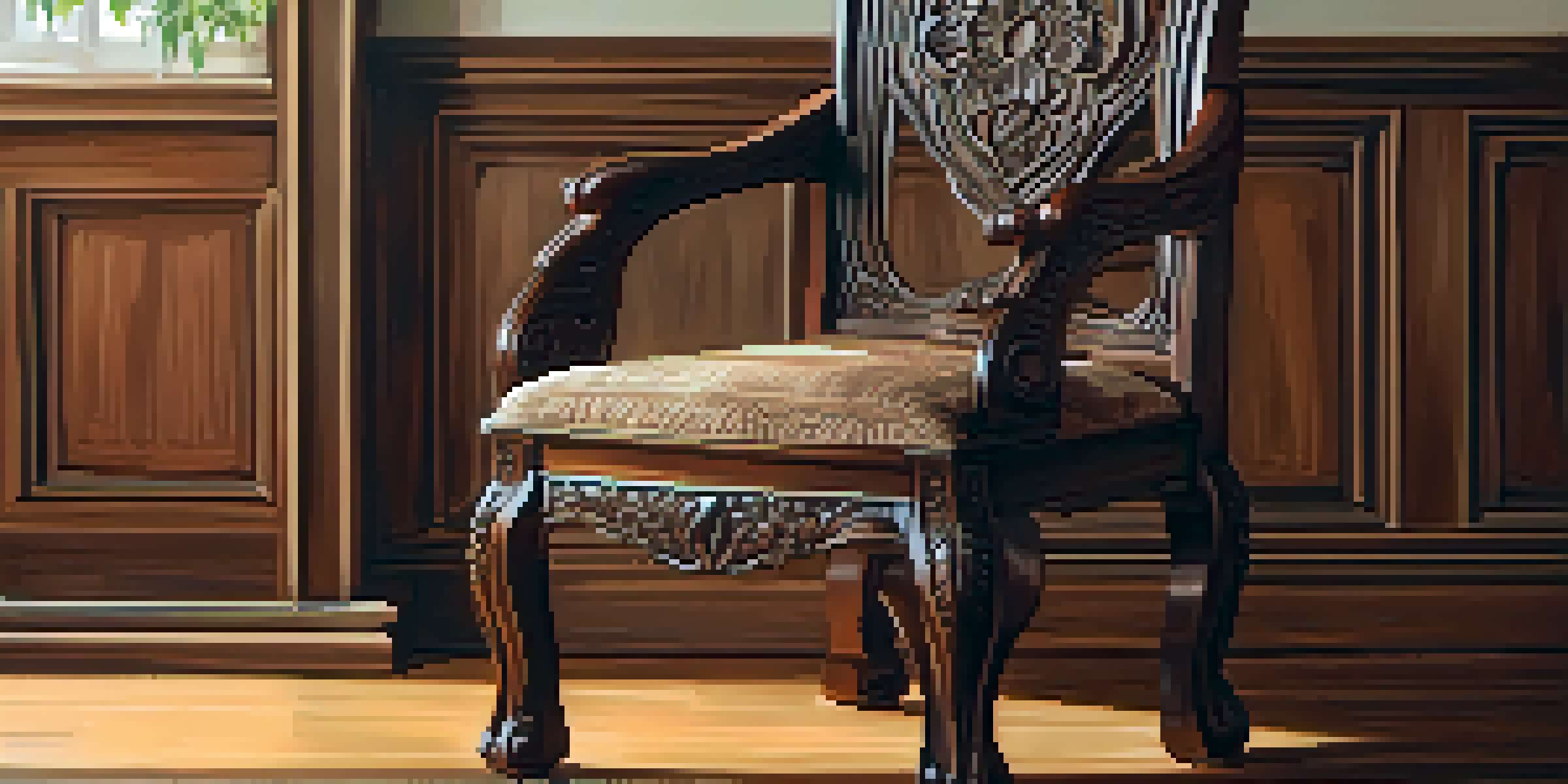 A wooden chair made from walnut with intricate carvings, positioned in a sunlit room with soft shadows and warm decor.