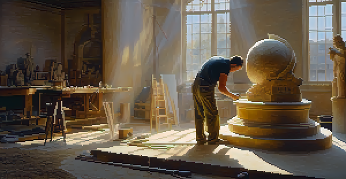 A sculptor in a sunlit workshop chiseling a marble statue, with tools and dust particles in the air, highlighting the creative process.