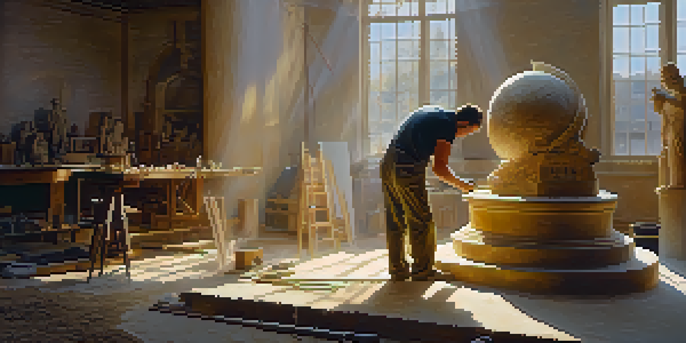 A sculptor in a sunlit workshop chiseling a marble statue, with tools and dust particles in the air, highlighting the creative process.