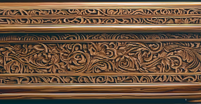 A detailed view of a beautifully carved wooden box with intricate patterns, illuminated by soft natural light.