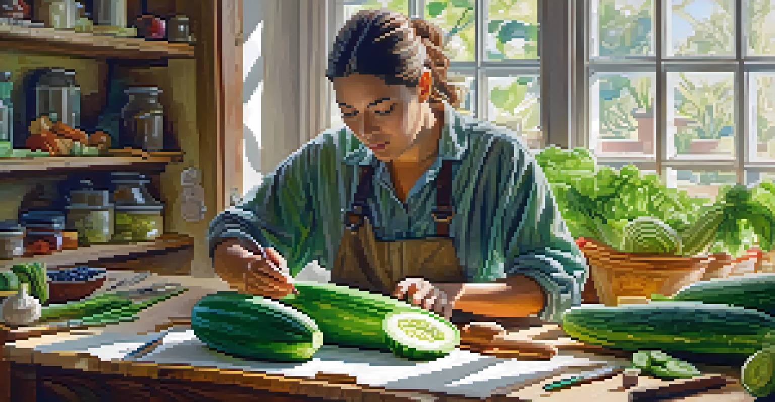 An artist carving a cucumber at a workspace with tools and fresh produce, illuminated by bright natural light.