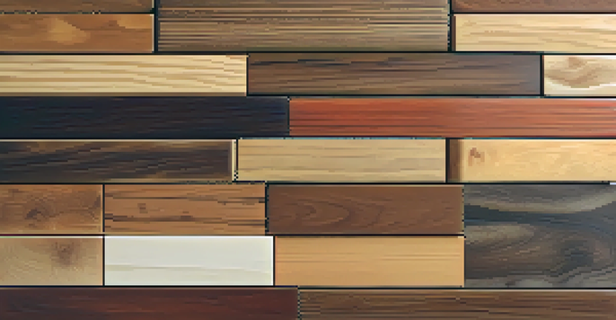 A variety of wood types displayed on a rustic table, showcasing different colors and textures.