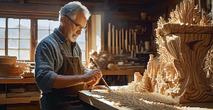 An artisan deeply focused on carving a wooden sculpture in a workshop, surrounded by tools and wood shavings, with sunlight illuminating the scene.