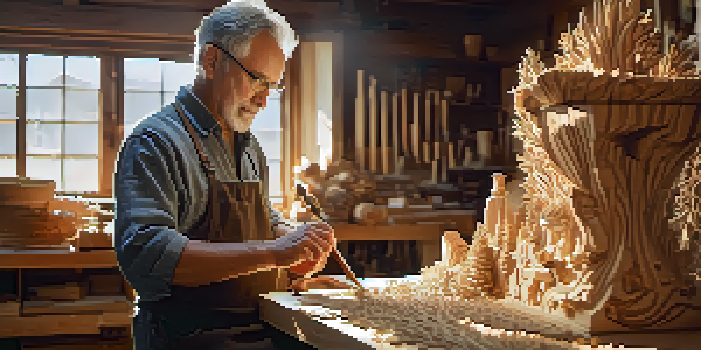 An artisan deeply focused on carving a wooden sculpture in a workshop, surrounded by tools and wood shavings, with sunlight illuminating the scene.