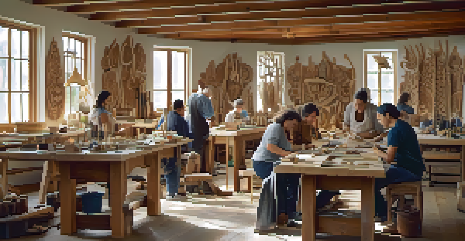 A diverse group of artists working together in a bright workshop, focused on sustainable carving projects.