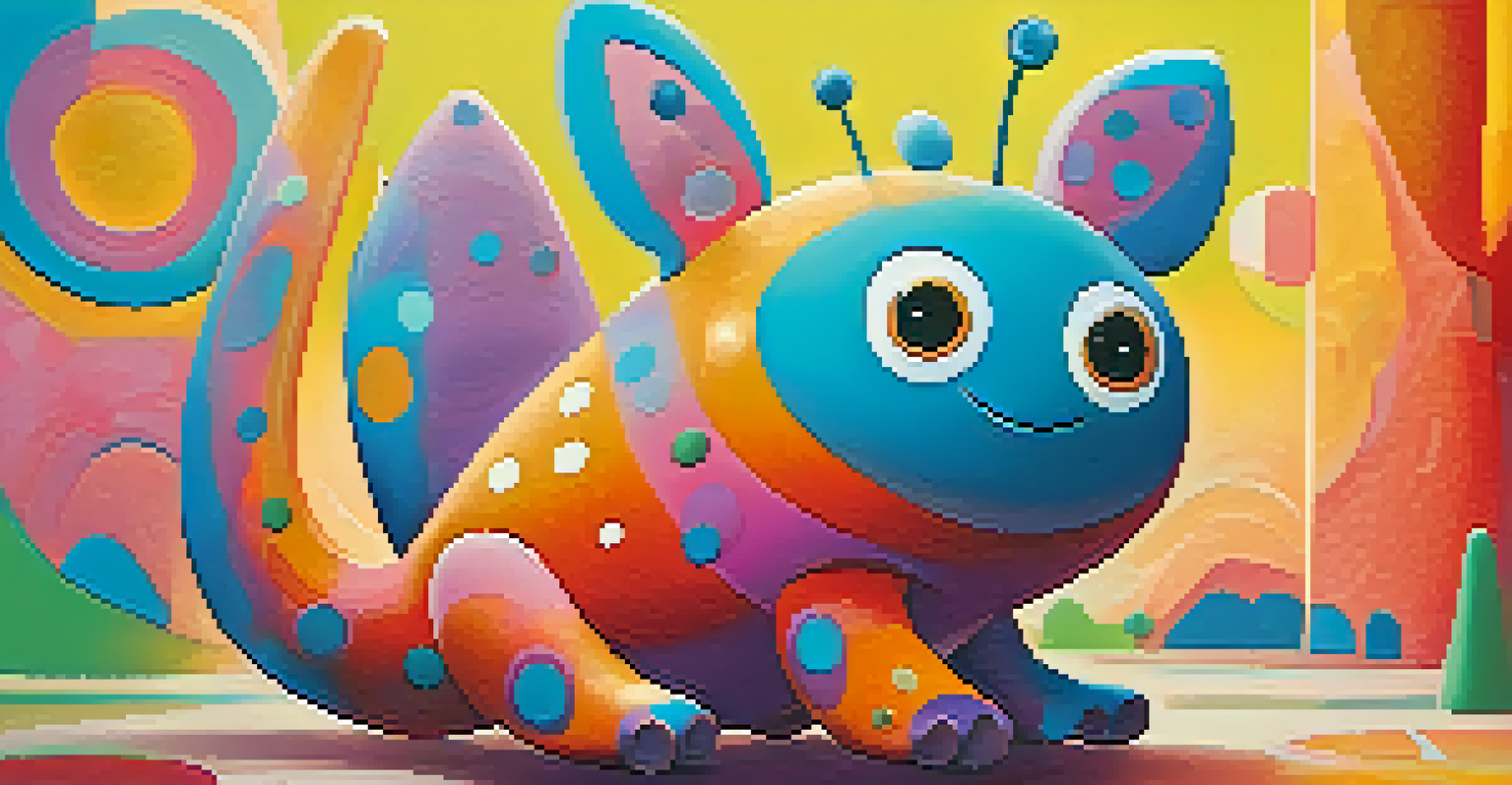 A friendly creature character with rounded shapes and bright colors, set against a colorful abstract background.