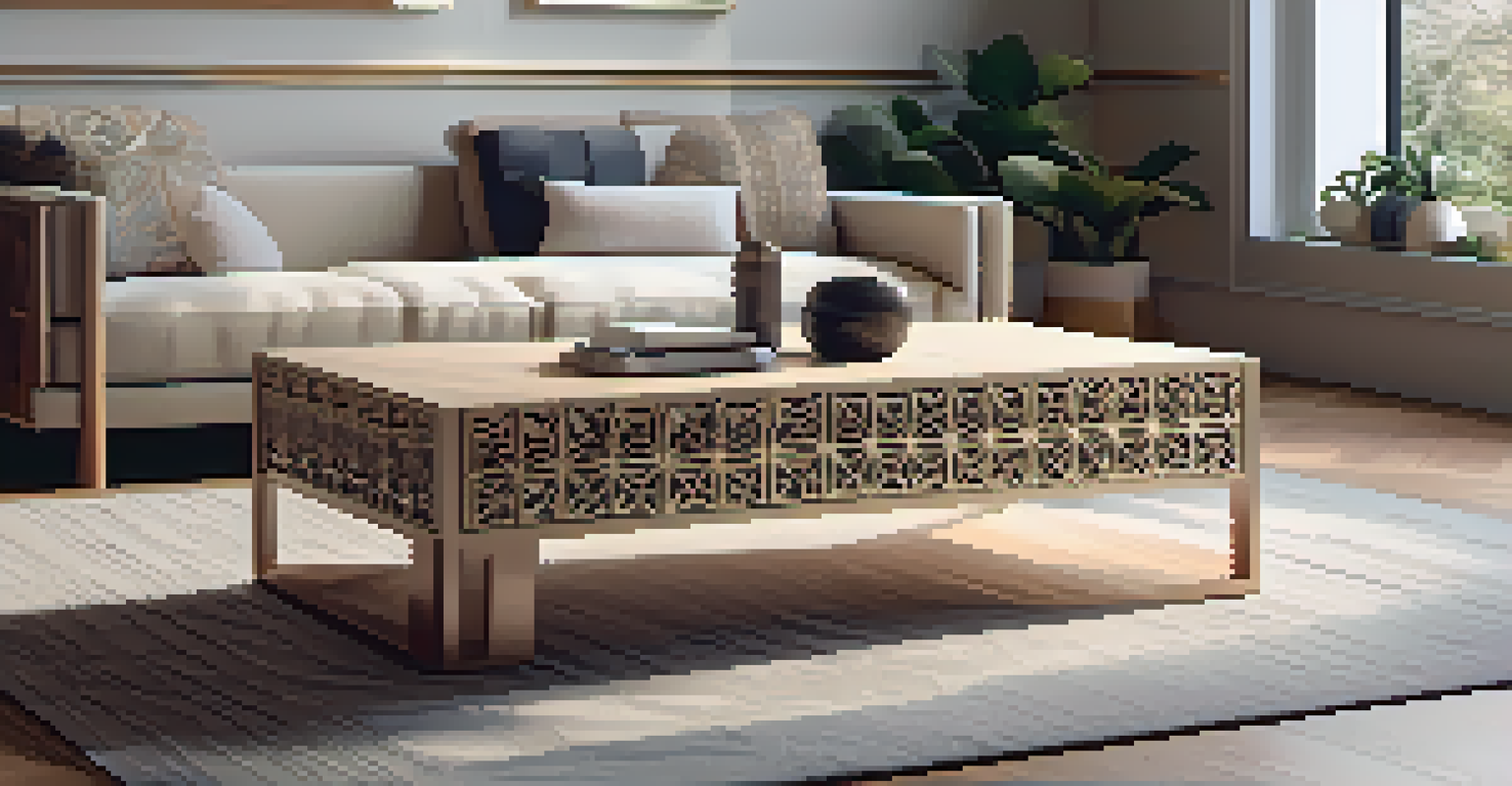 A modern carved coffee table with geometric patterns in a minimalist living room, enhanced by soft lighting.