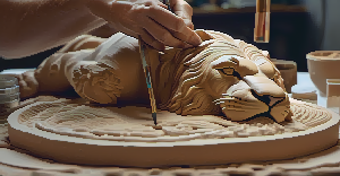 A sculptor's hands carving details into a clay model of a lion, with tools and clay visible in the workspace.