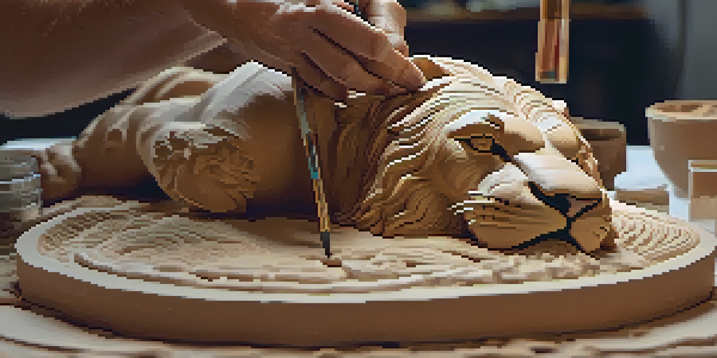 A sculptor's hands carving details into a clay model of a lion, with tools and clay visible in the workspace.
