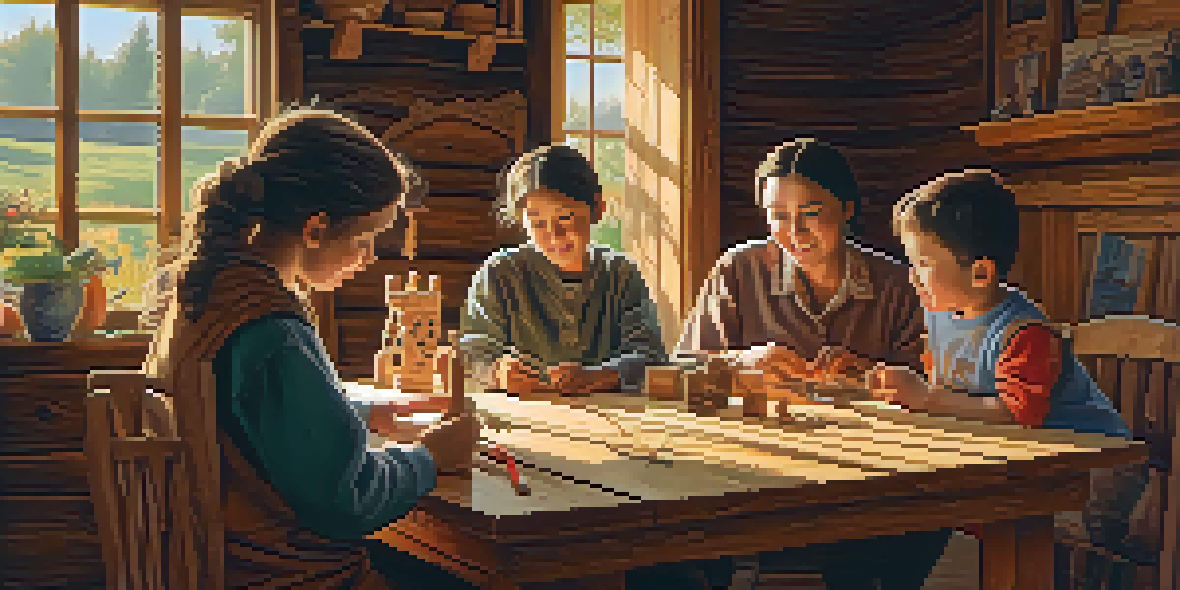A family of four engaged in wood carving at a table, with tools and warm lighting creating a cozy atmosphere.