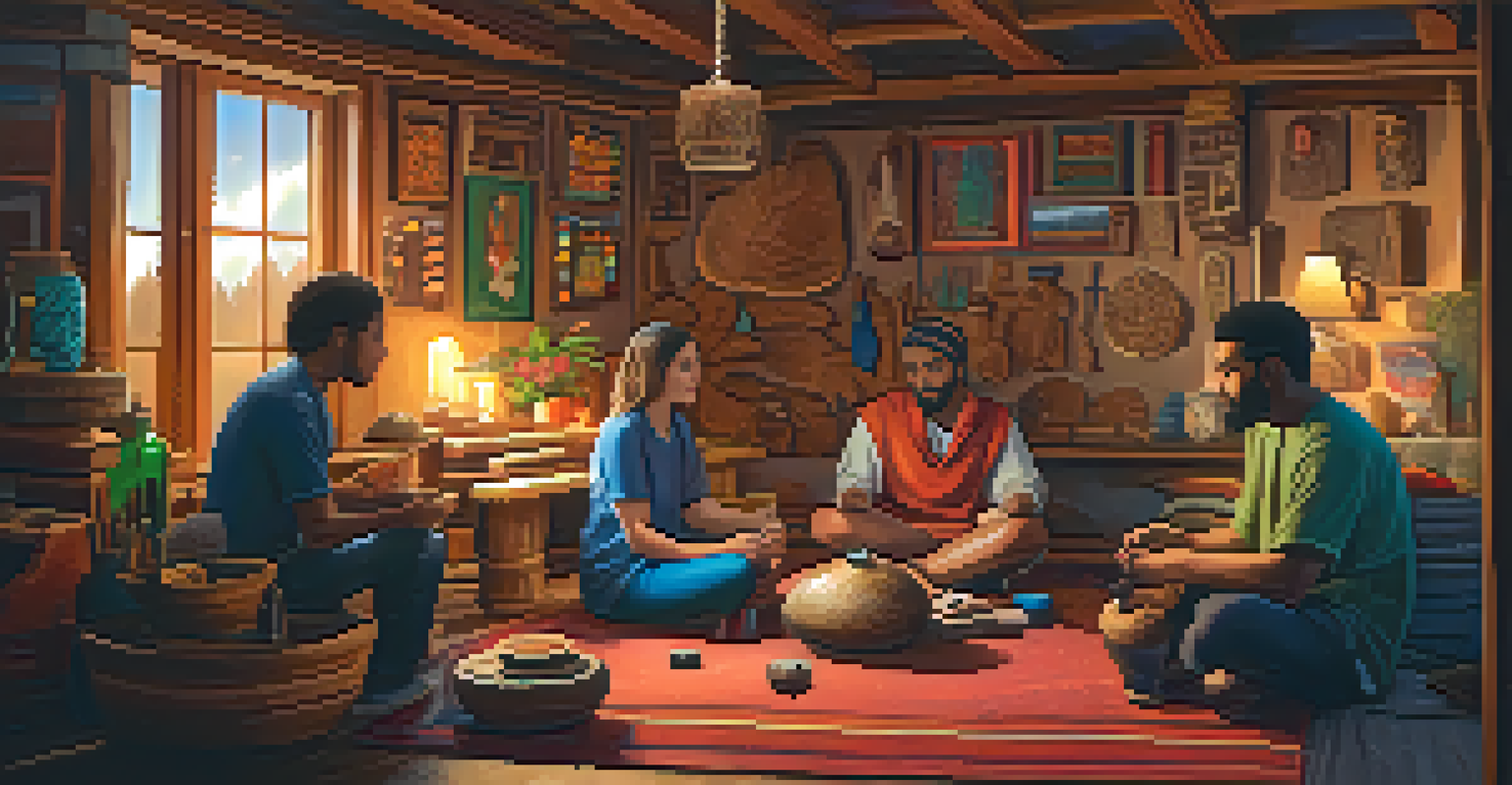 A cozy group therapy session with participants sharing their carved artworks in a warm atmosphere, emphasizing community and support.