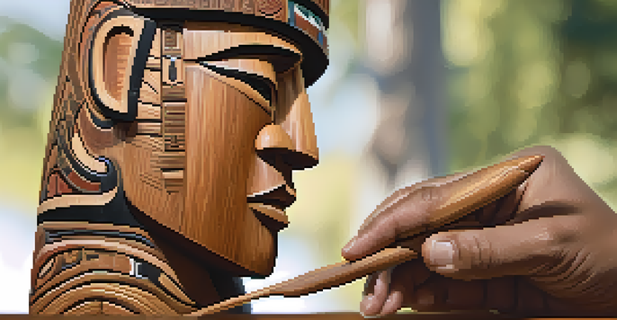 An Indigenous artisan carving a detailed totem pole from cedar wood, showcasing intricate patterns and warm lighting.