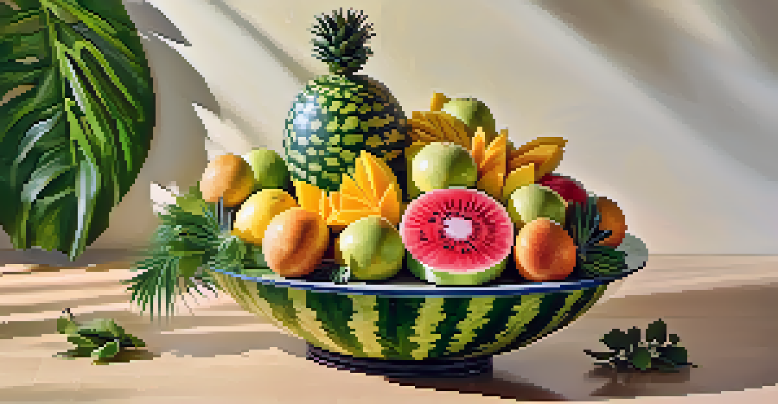 A carved watermelon shaped like a flower, surrounded by tropical fruits like pineapples and mangoes, placed against a sunny background.