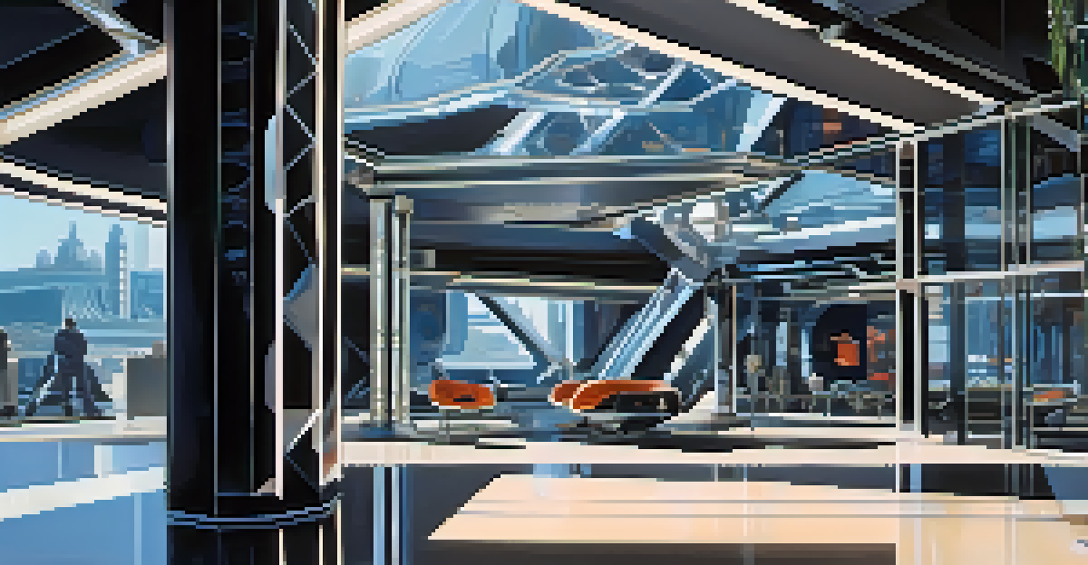 Futuristic film set with sleek metallic structures and bright artificial lighting creating shadows and depth.