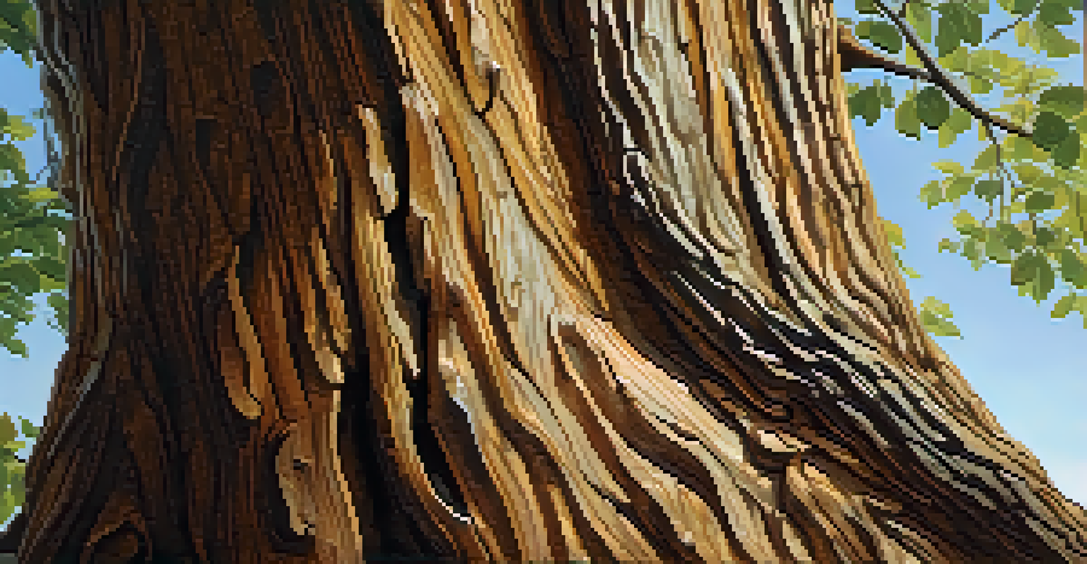 A tree carving with rough bark and smooth leaves, illuminated by warm sunlight, showcasing contrasting textures.