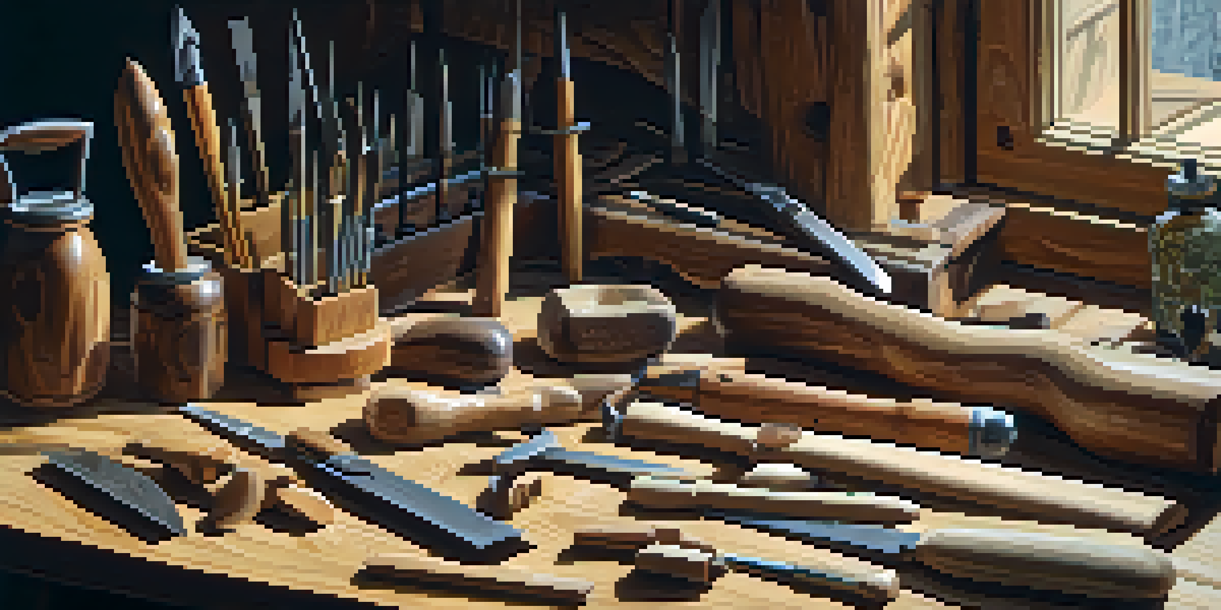 A close-up of a wooden workbench filled with different carving tools like chisels and knives, illuminated by soft natural light.