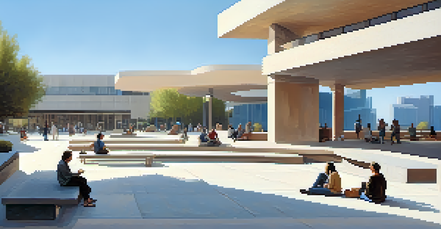 A public plaza featuring carved stone benches and pathways, with people enjoying the outdoor space and contemporary buildings in the background.
