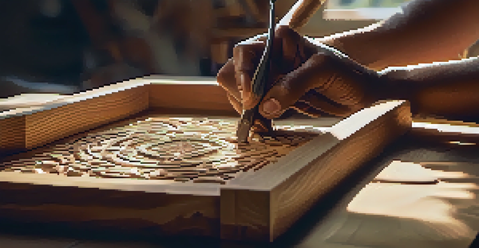 A craftsman meticulously carving detailed patterns into wood in a sunlit workshop, surrounded by tools and wood shavings.