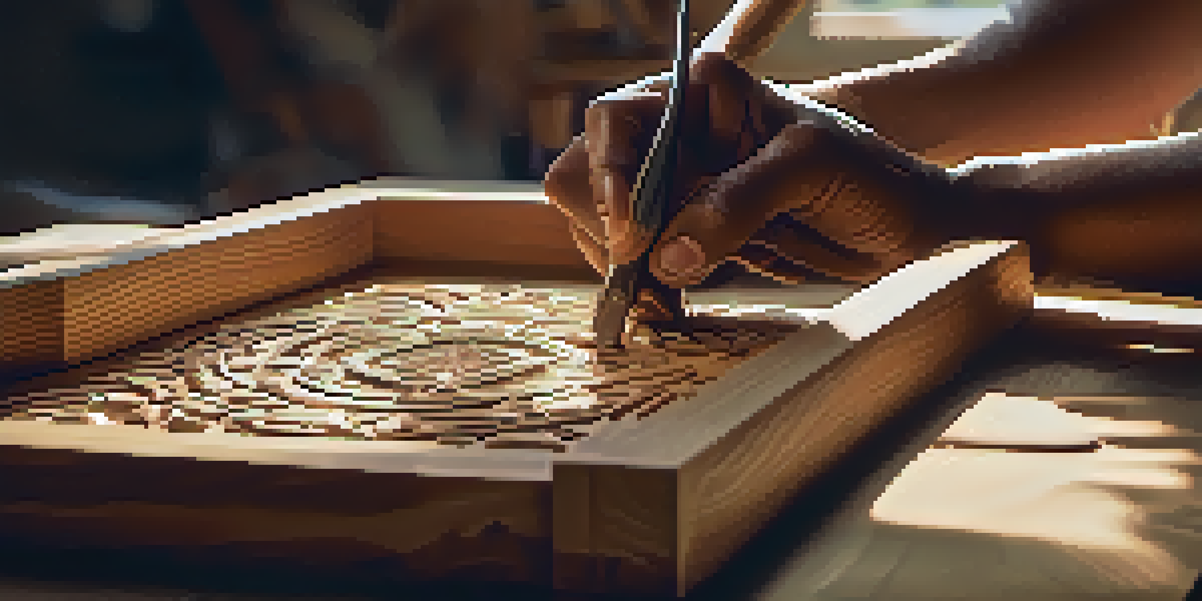 A craftsman meticulously carving detailed patterns into wood in a sunlit workshop, surrounded by tools and wood shavings.