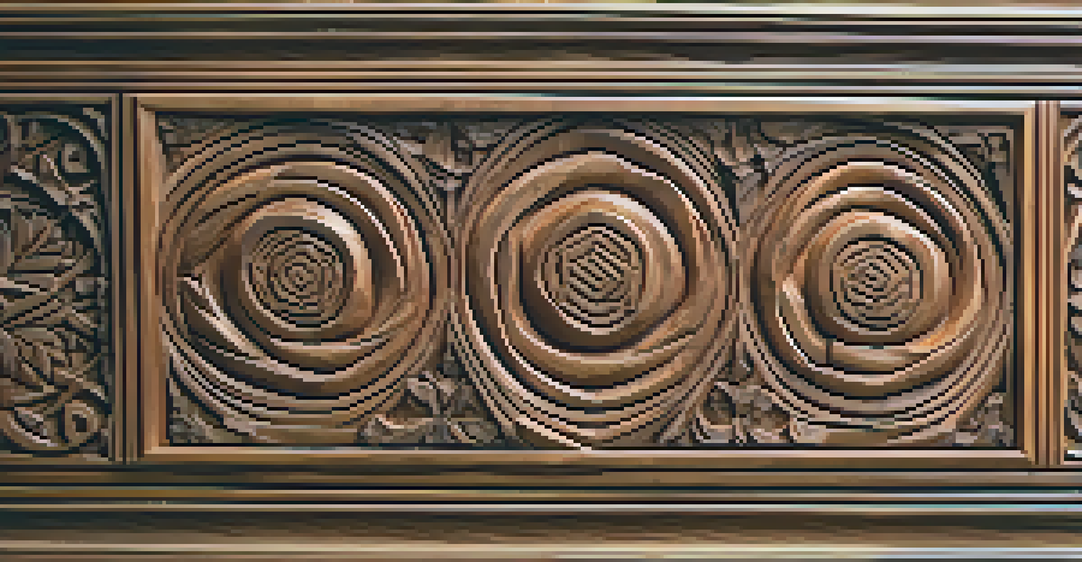 A detailed close-up of a wooden panel with intricate carvings symbolizing femininity and strength, set against a soft nature backdrop.