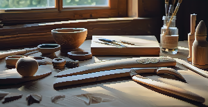 A well-organized whittling workspace with tools and a piece of wood, illuminated by natural light.