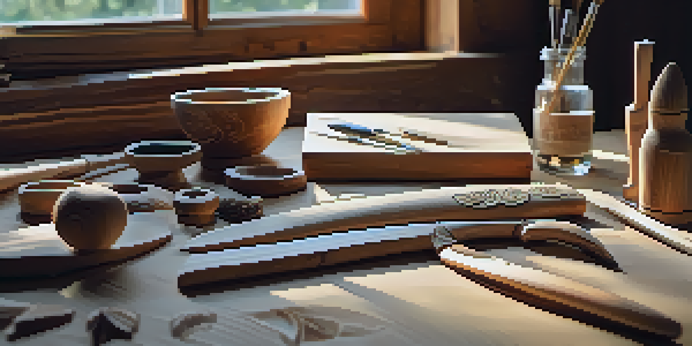 A well-organized whittling workspace with tools and a piece of wood, illuminated by natural light.