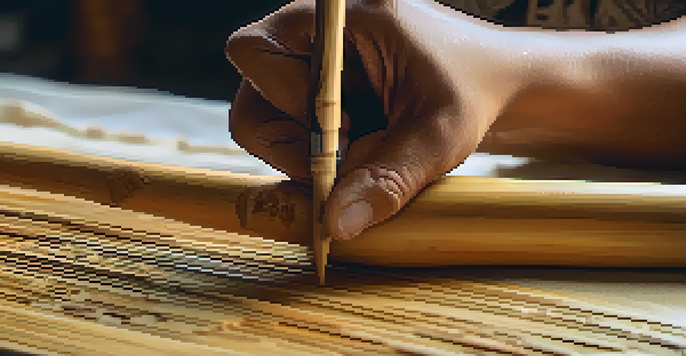 An artisan's hands carving a detailed design into bamboo, with warm light illuminating the workshop.