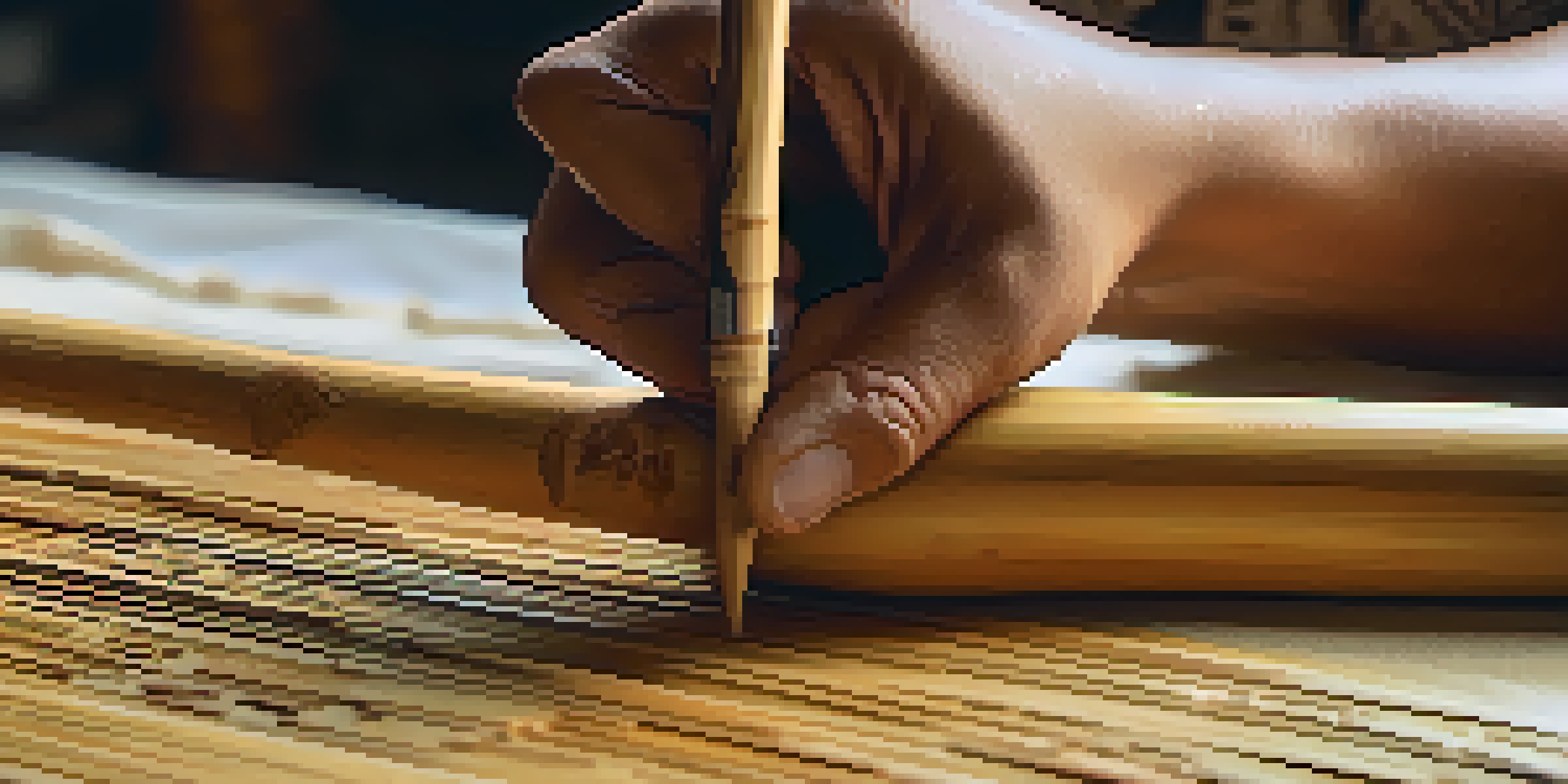 An artisan's hands carving a detailed design into bamboo, with warm light illuminating the workshop.