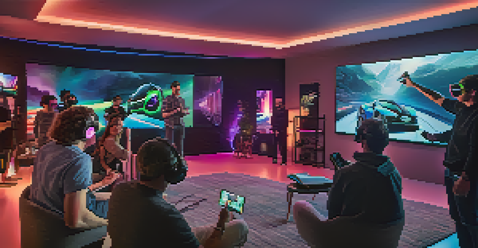 Designers in a virtual reality session interacting with a 3D car model, illuminated by colorful LED lights.