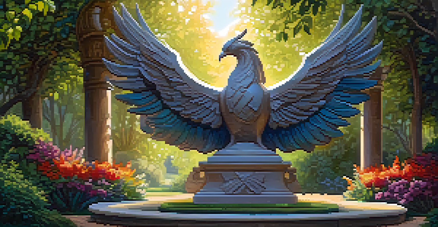 A large stone sculpture of a phoenix in an outdoor setting, surrounded by greenery and flowers, symbolizing resilience.