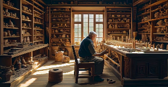 An elderly artisan working in a workshop, carving wood with various tools around, showcasing a warm and inviting atmosphere.
