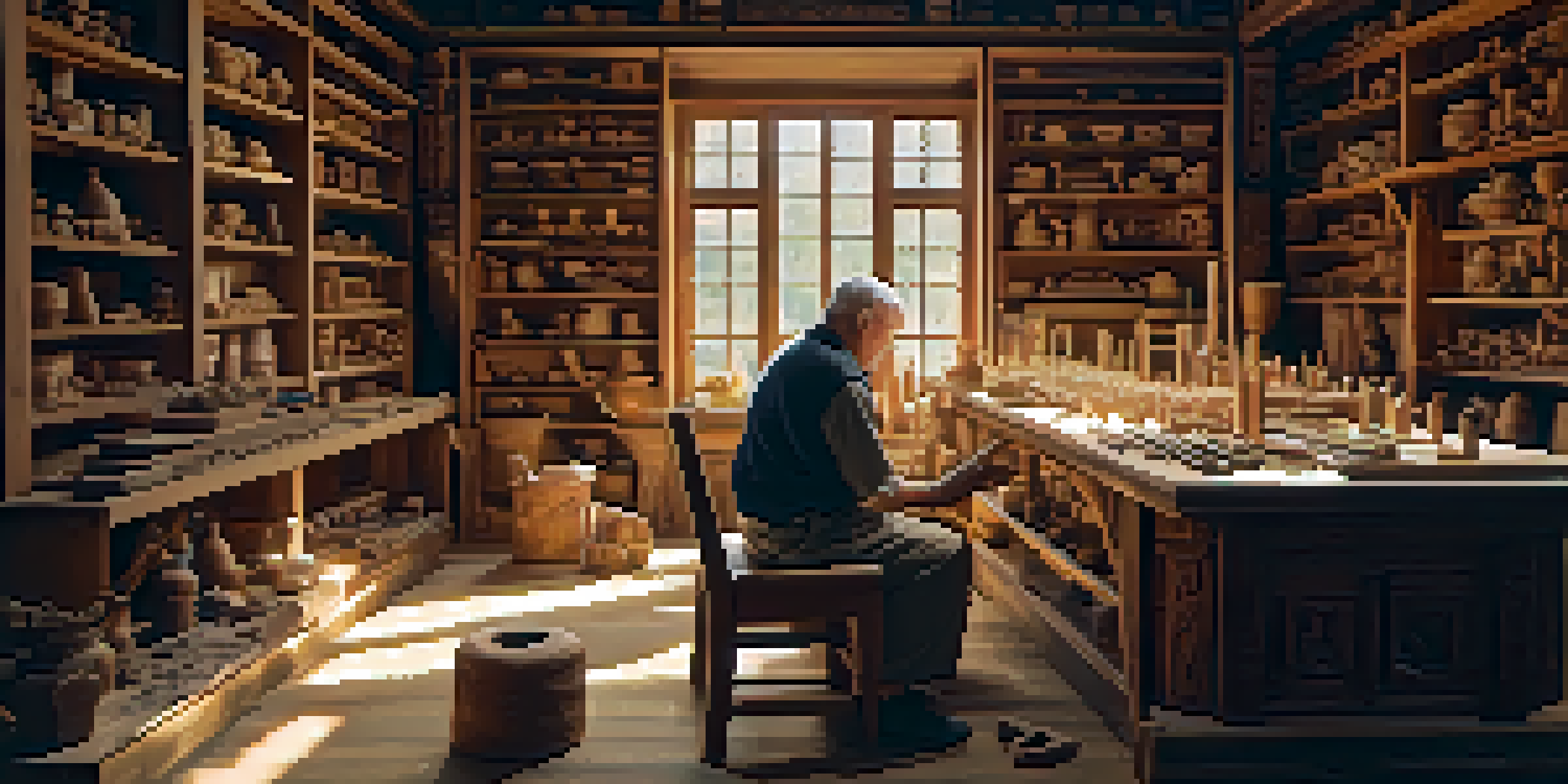 An elderly artisan working in a workshop, carving wood with various tools around, showcasing a warm and inviting atmosphere.