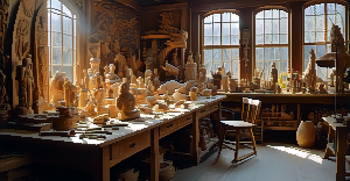 A bright artist workshop showcasing various carved wooden sculptures and tools on a workbench.