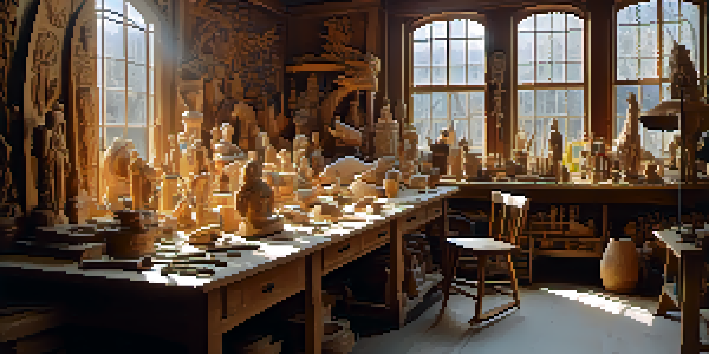 A bright artist workshop showcasing various carved wooden sculptures and tools on a workbench.
